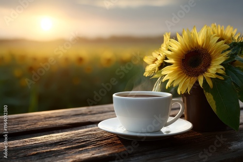 Morning coffee with sunflowers at golden hour