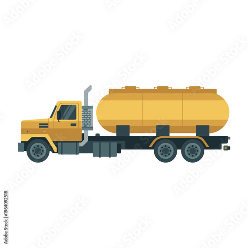 A yellow tanker truck with a large cylindrical tank on a trailer