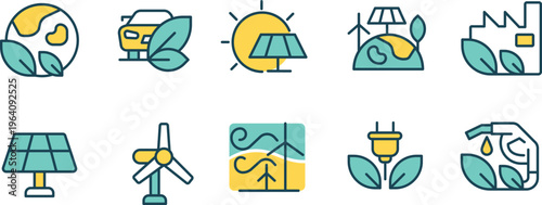 Illustrations of various renewable energy sources and eco-friendly concepts