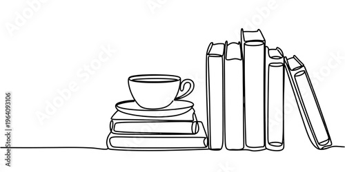 A continuous line drawing featuring a stack of books with a small coffee cup resting on the top.