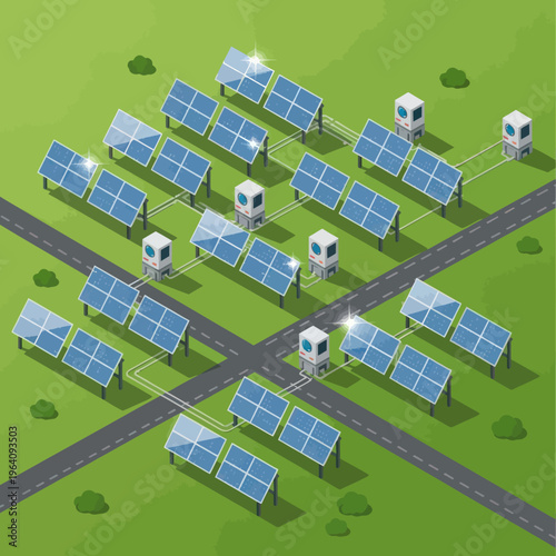 Isometric Solar Farm - Sustainable Energy Production in a Modern Landscape.
