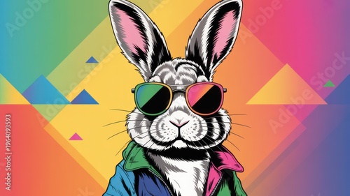 A cartoon rabbit wearing sunglasses in a colorful geometric background
