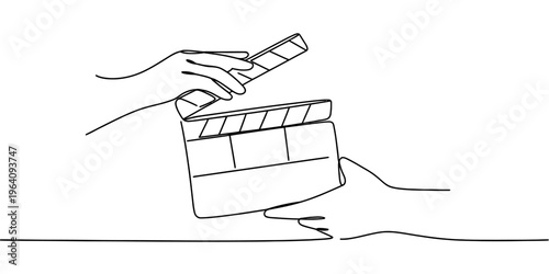 A single line drawing of a person using a film clapperboard for a cinematic production process