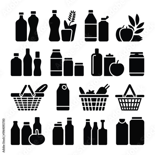 A collection of black icons representing food and drink items