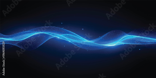 Abstract blue background featuring glowing waves and digital fractal lines that create a motion of energy and light against a dark space backdrop with shining art curves
