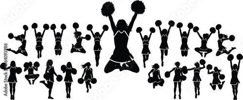 Energetic cheerleading team silhouettes performing dynamic jumps and poses with pom-poms, showcasing athletic spirit, teamwork, rhythm, and celebration.