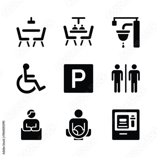 A set of black and white icons representing various public amenities and services