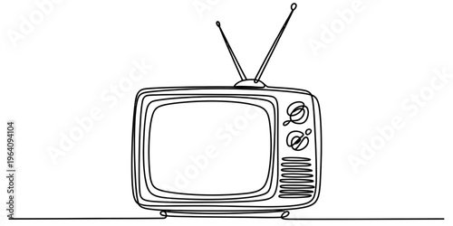 A minimalist black and white single line drawing of a vintage television set with two antennas