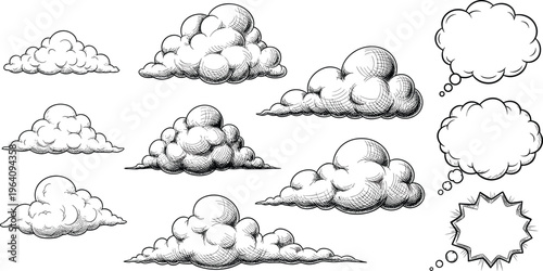 Hand Drawn Cloud Vector Illustration Set with Sketch Clouds and Comic Speech Bubble Clouds Vintage Engraving Style Collection