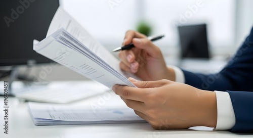 Person reviewing documents with pen at desk with close-up of hands holding and