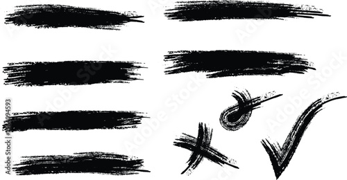 Hand drawn brush strokes, checkmark, cross, vector icons, black ink marks