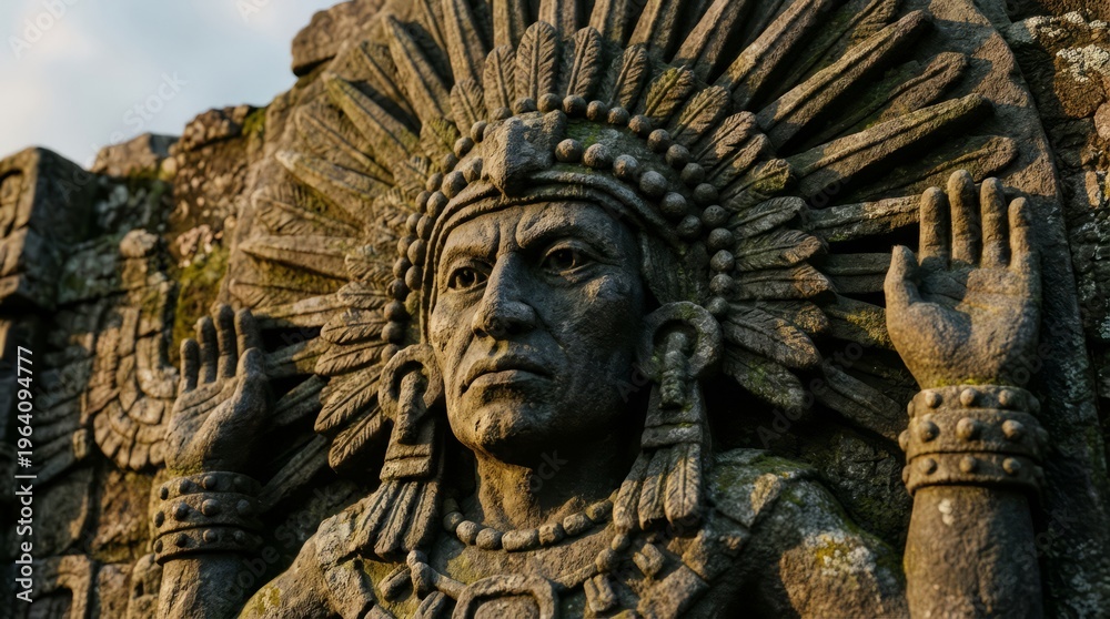 Fototapeta premium Stone Carving Of Indigenous Headdressed Figure On Temple Facade.