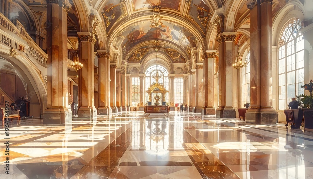 Fototapeta premium A grand, ornate interior with high ceilings and large windows