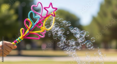 A homemade bubble wand crafted from pipe cleaners, creating a cascade of colorful bubbles in the air.