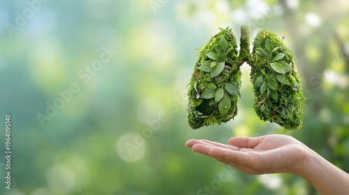 Human Hand Holding Green Leaf Shaped Lungs Symbolizing Clean Air, Environmental Protection, Sustainable Living, and Respiratory Health Awareness in Nature