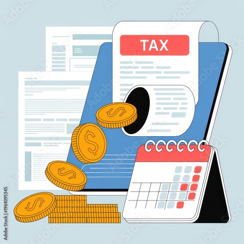 An illustration of tax documents with coins and a calendar