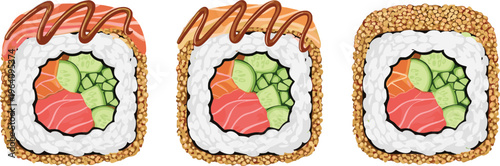 Sushi Roll Vector Illustration Set with Salmon Avocado Sushi Rolls Japanese Food Clipart Collection Isolated on Background