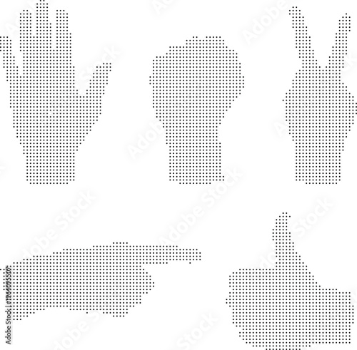 Hand gestures pixeleted bitmap dither halftone dotted vector illustration isolated on white