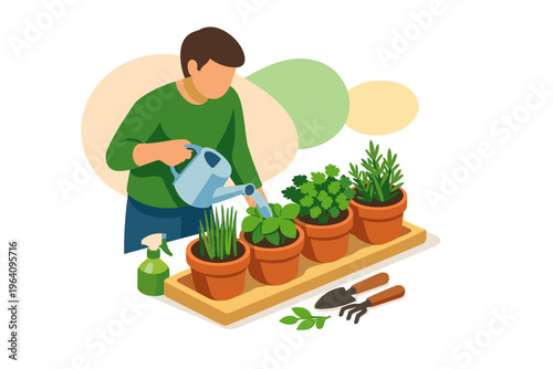 Man watering potted plants in a garden setting.