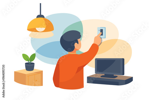 Person turning on light switch in a room with computer and plant.