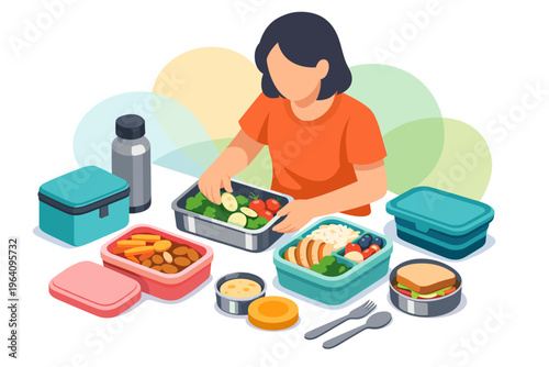 Woman preparing healthy food in lunch boxes for meal prep.