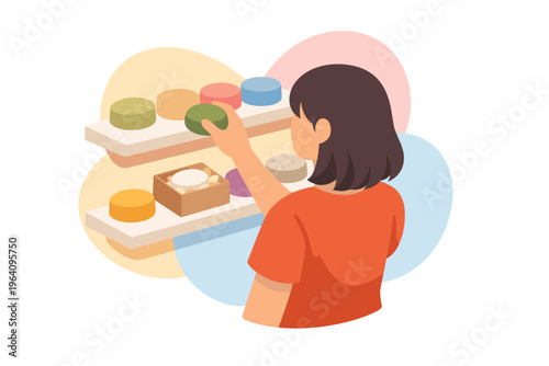 Woman choosing colorful mochi sweets from a display shelf.