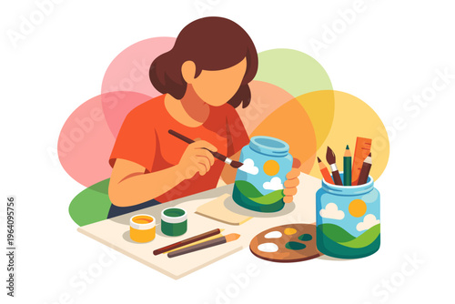 Young woman painting a jar with a landscape scene.