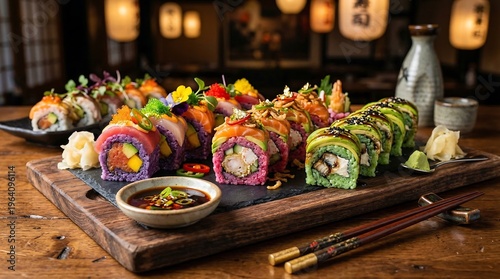 A vibrant sushi platter with colorful rolls and chopsticks on a wooden table in a restaurant