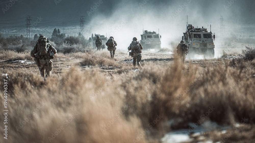 Fototapeta premium Military operation in a desert landscape.