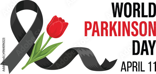 World parkinsons day illustration with red tulip flower and black awareness ribbon