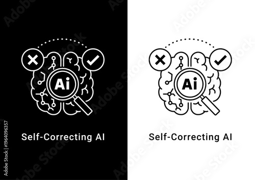 Black and white vector icon for AI as agent for self-correcting with a brain and magnifying glass over it. Self-Correcting AI,  Intelligent AI Self-Repair. Minimalist and clean style. Editbale Stroke.