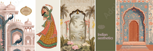 Indian aesthetic vector set with palace, peacocks and traditional dancer. Ornamental design inspired by heritage, culture and luxury decor for wedding invitations and artistic projects.