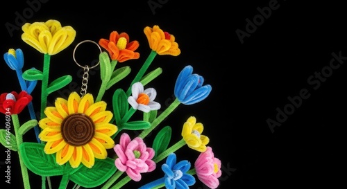 bottom corner view Colorful Flower Set, Beautiful Handmade Pipe Cleaner Flower Craft, Sunflower Craft Keychain, isolated black background
