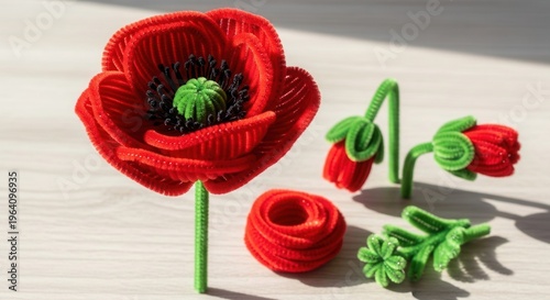Red poppy flower Pipe Cleaners for Crafts, Handmade Items red bud flower body parts