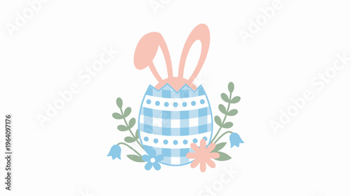 Easter Egg with Bunny Ears and Flowers Flat Vector