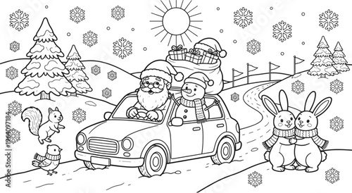Santa Claus and snowman driving car with gifts on snowy Christmas day.