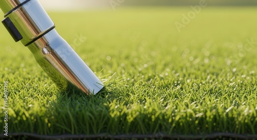 A vacuum cleaner s metal pipe in use tidying a carpet made from natural green grass will symbolize ecological awareness with copy space image