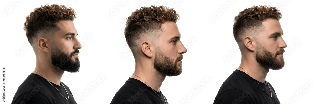 Fototapeta premium Man with curly hair and beard in black shirt isolated on transparent background