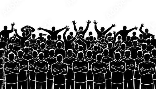 Stylized Illustration of a Diverse Crowd with Raised Hands