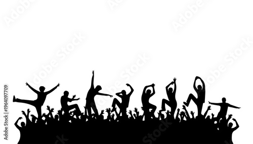 Silhouettes of a crowd of people dancing on a white background