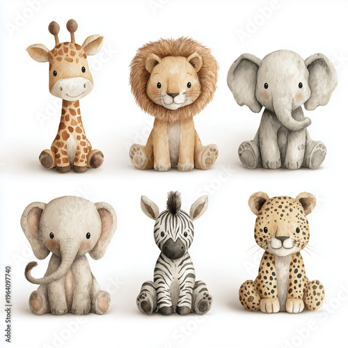 A charming watercolor illustration featuring a collection of six adorable baby safari animals sitting together.