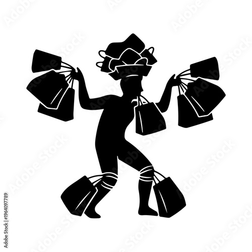 Silhouette of a Person Overwhelmed by Many Shopping Bags