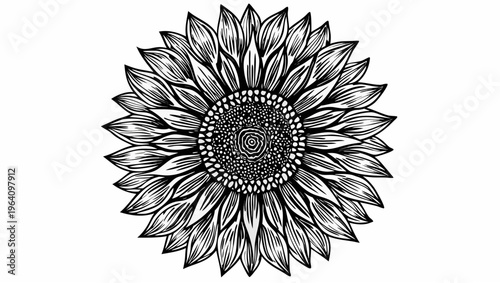 A delicate black and white floral mandala design with intricate petals and a detailed center, set against a clean white background.