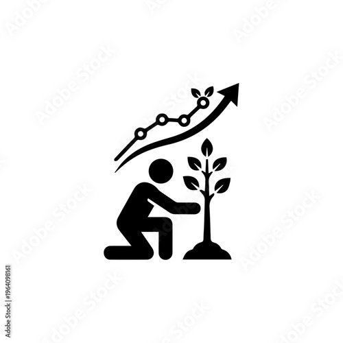 Business Growth and Sustainability Icon with Person Planting a Tree
