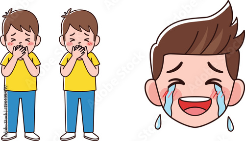 Crying Boy Cartoon Character Vector Illustration with Sad Kid Covering Mouth and Tears Emoji Face Emotion Clipart Collection