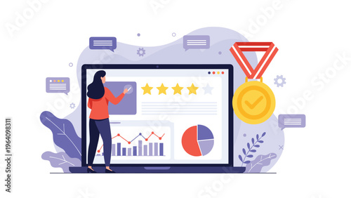 Employee performance review concept with woman achieving high ratings medal of excellence and growth charts.
