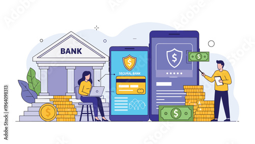 Secure mobile banking concept with people managing financial transactions and savings through smartphone apps.