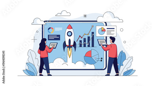 Dynamic business team analyzing real-time growth data and startup performance on large digital monitoring screen.