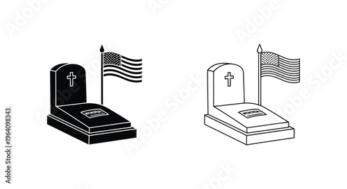 Tombstones, grave markers, American flags, funeral icons