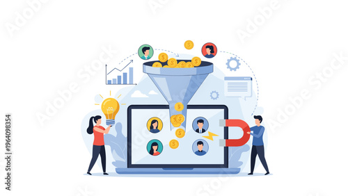 Talent acquisition and lead generation concept using magnet and funnel to attract high quality candidates and leads.